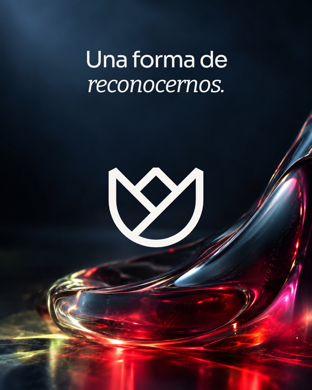 Símbolo blanco de Rosaint sobre una escena de vidrio azul oscuro con reflejos rojos y fucsias.